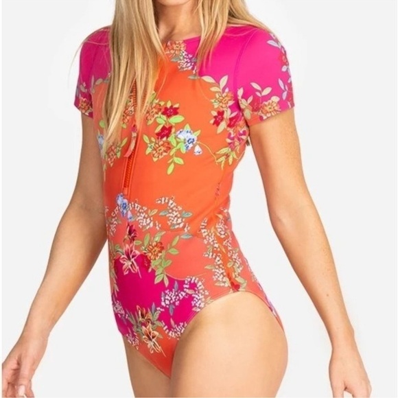 NWT Johnny Was Wave Surf One Piece Neoprene Orange Pink Floral Swim Suit $298 - Picture 3 of 14
